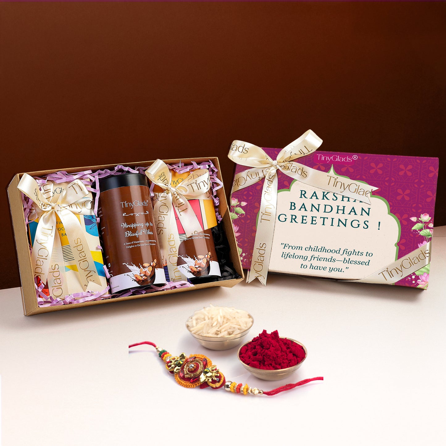 Premium Rakhi Gift Box with Chocolate Bars, Jars & Tilak
