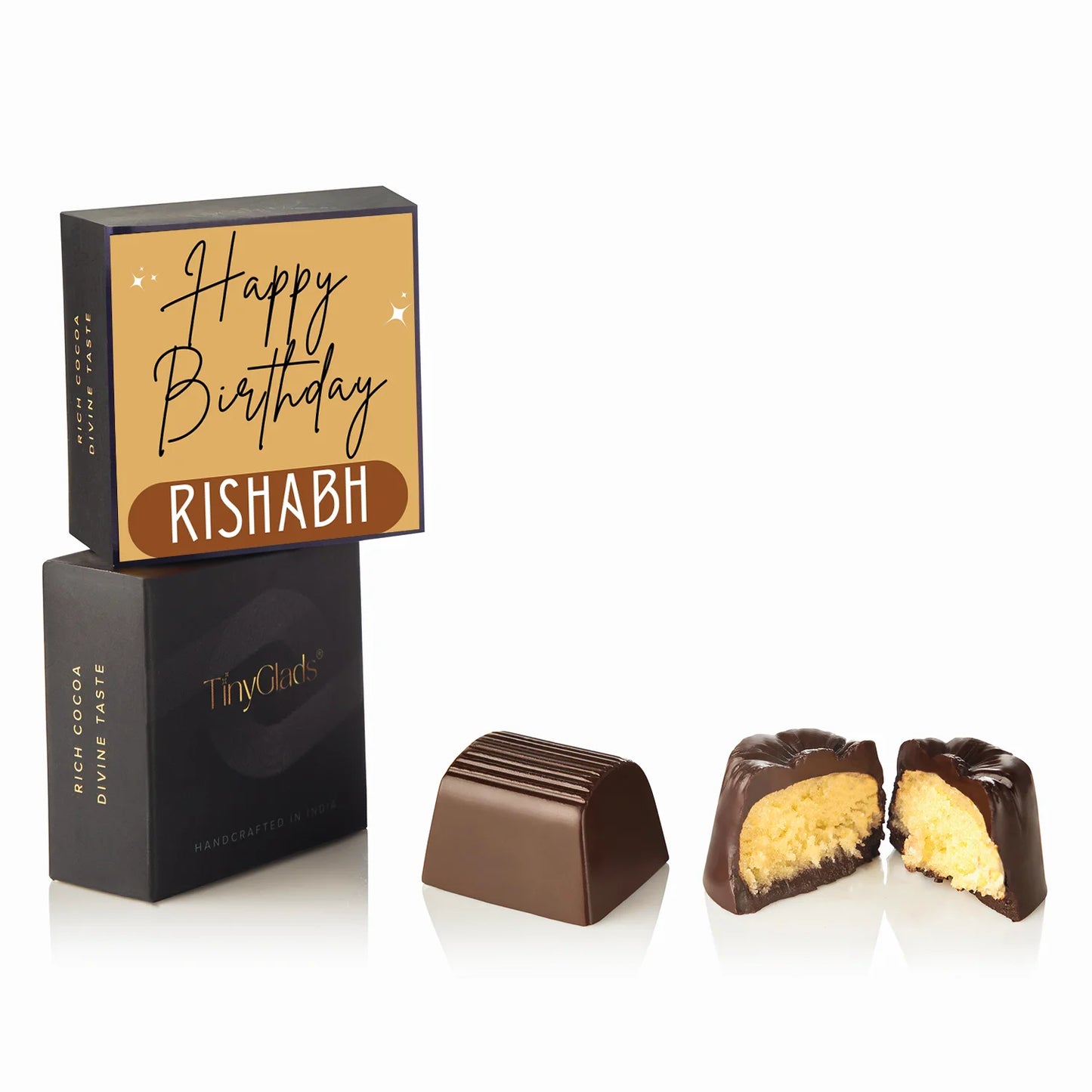 handcrafted chocolates in a decorated gift box with name.