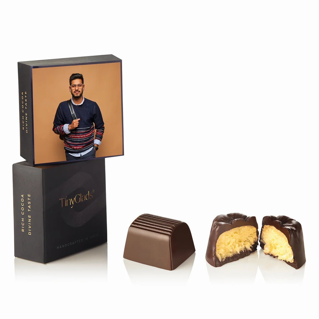 handcrafted chocolates in a decorated gift box.