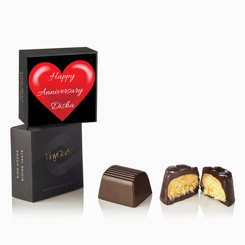 handcrafted chocolates in a decorated gift box with name.