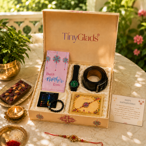 TinyGlads Executive Rakhi Gift Hamper | Watch, Belt, Chocolate Bar & 7 Chakra Bracelet
