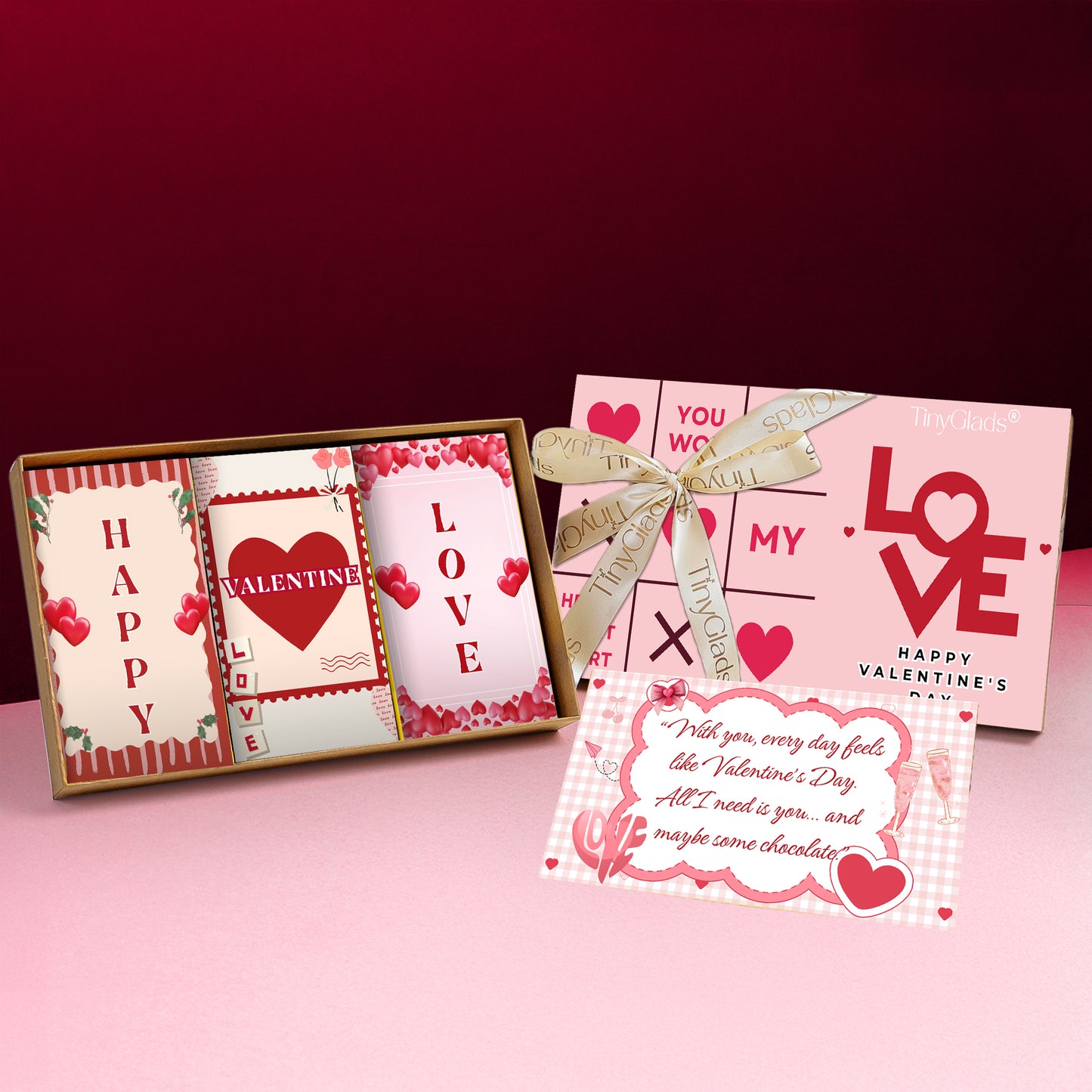 Valentine’s Chocolate Gift Box with 3 Bars & Romantic Message Card