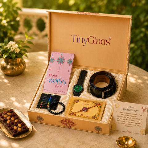 TinyGlads Executive Rakhi Gift Hamper | Watch, Belt, Chocolate Bar & 7 Chakra Bracelet
