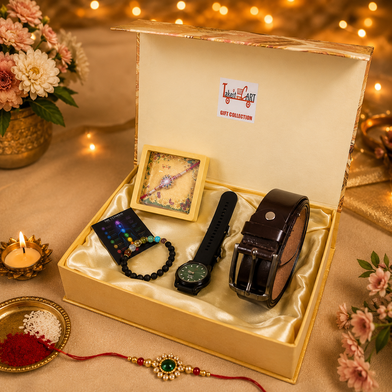 TinyGlads Executive Raksha Bandhan Gift Box | Watch, Belt & 7 Chakra Bracelet