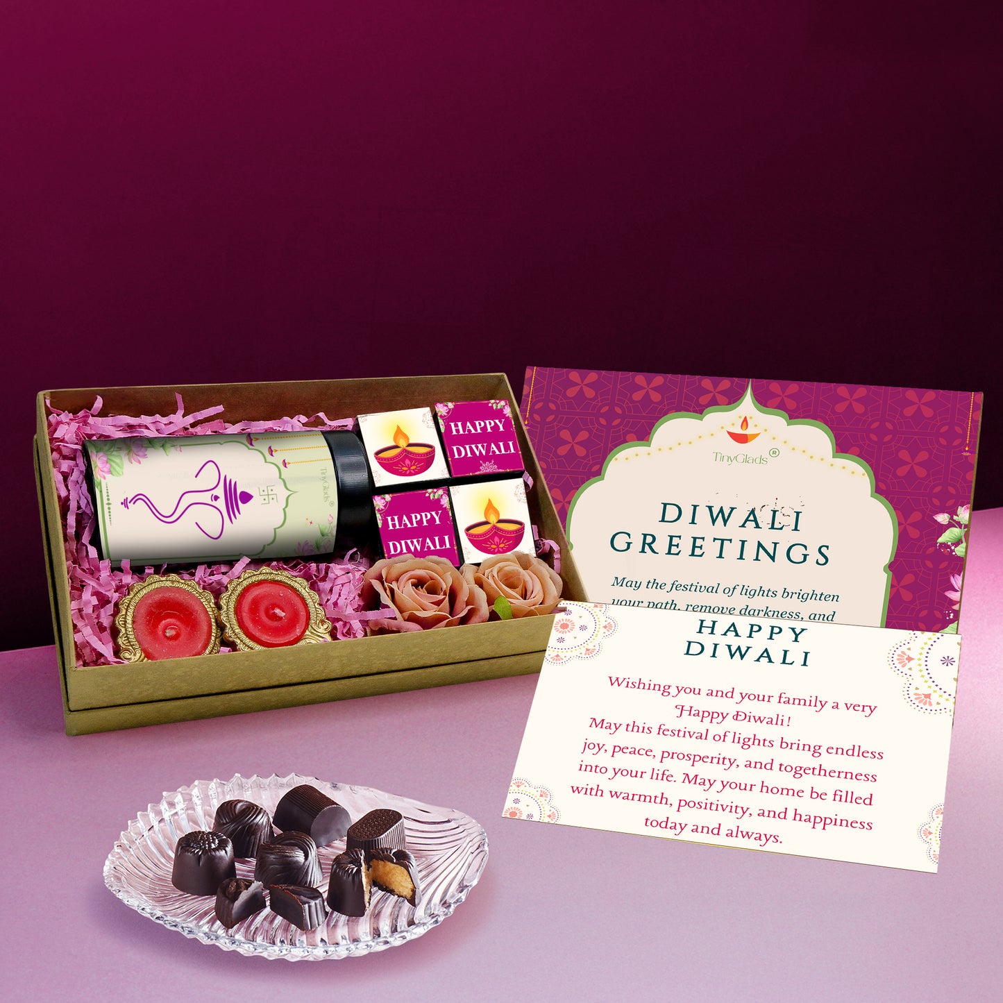 Luxury Diwali Gift Box – Chocolate Jar, 4 Truffles, 2 Diyas & Roses