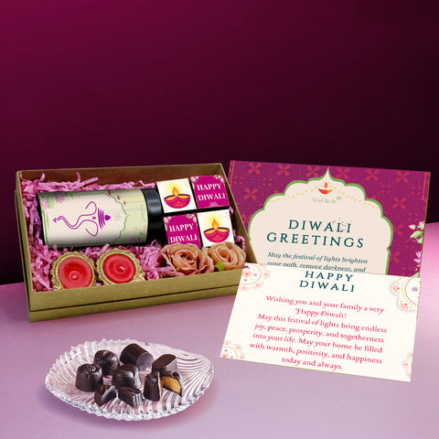 Luxury Diwali Gift Box – Chocolate Jar, 4 Truffles, 2 Diyas & Roses