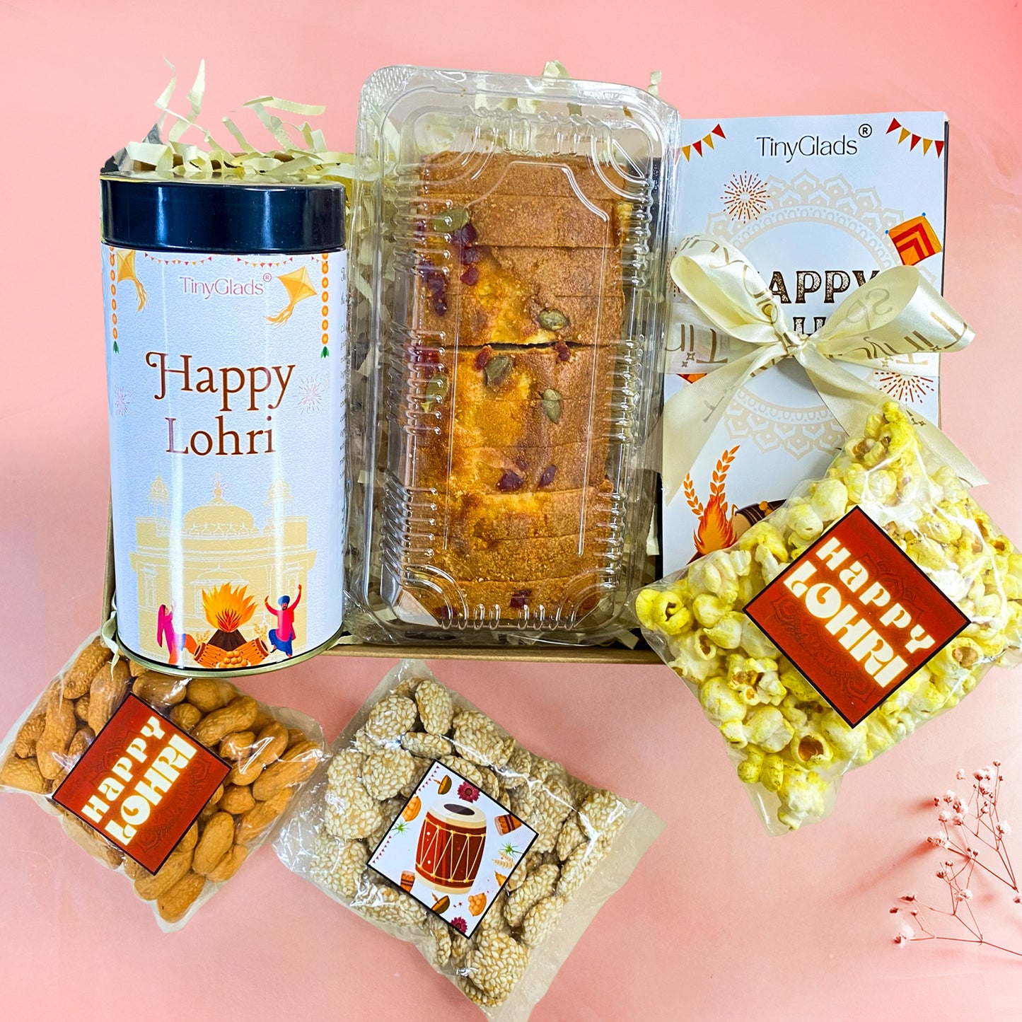 Lohri Gourmet Gift Box | Chocolate Bar , Chocolate Jar , Dry Cake, Milky Rabri, Crunchy Peanuts & Salted Popcorn