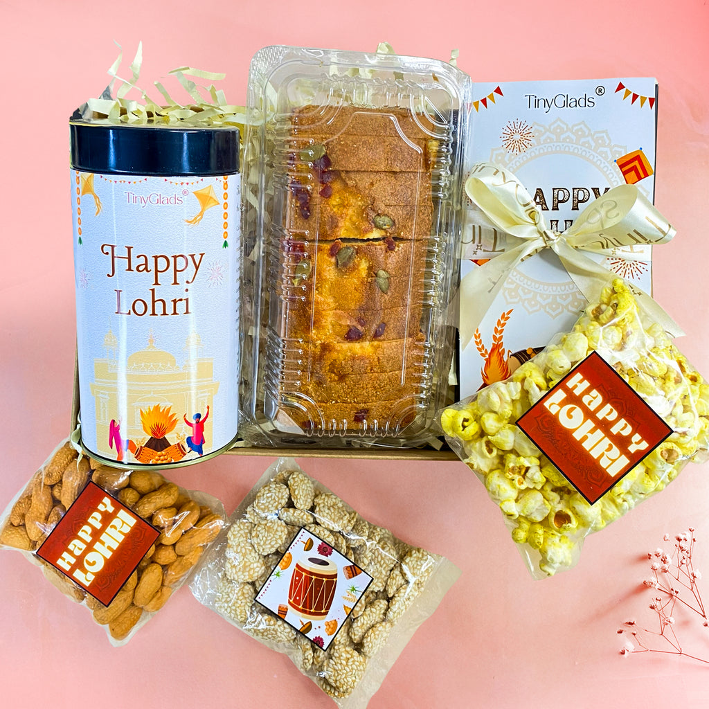 Lohri Gourmet Gift Box | Chocolate Bar , Chocolate Jar , Dry Cake, Milky Rabri, Crunchy Peanuts & Salted Popcorn