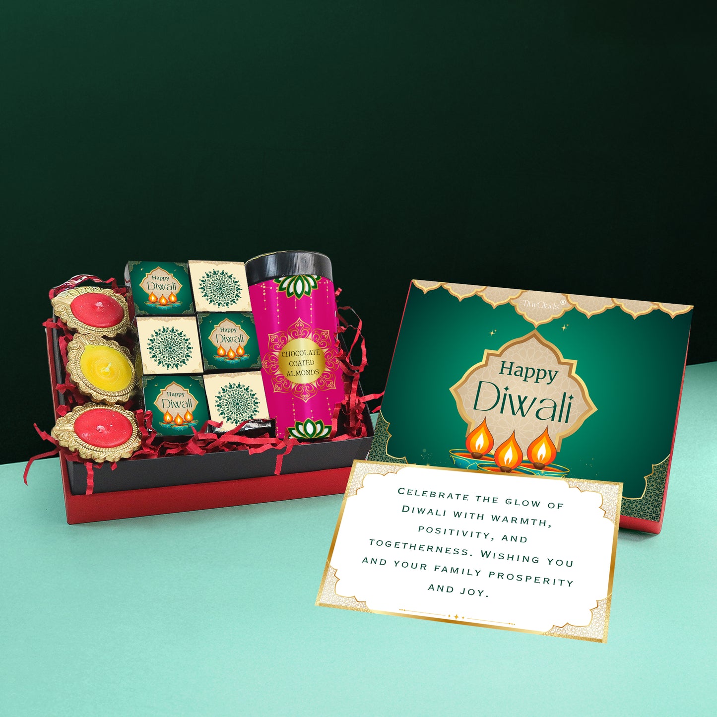 Premium Diwali Gift Box – Chocolate Jar, 6 Truffles & 3 Diyas