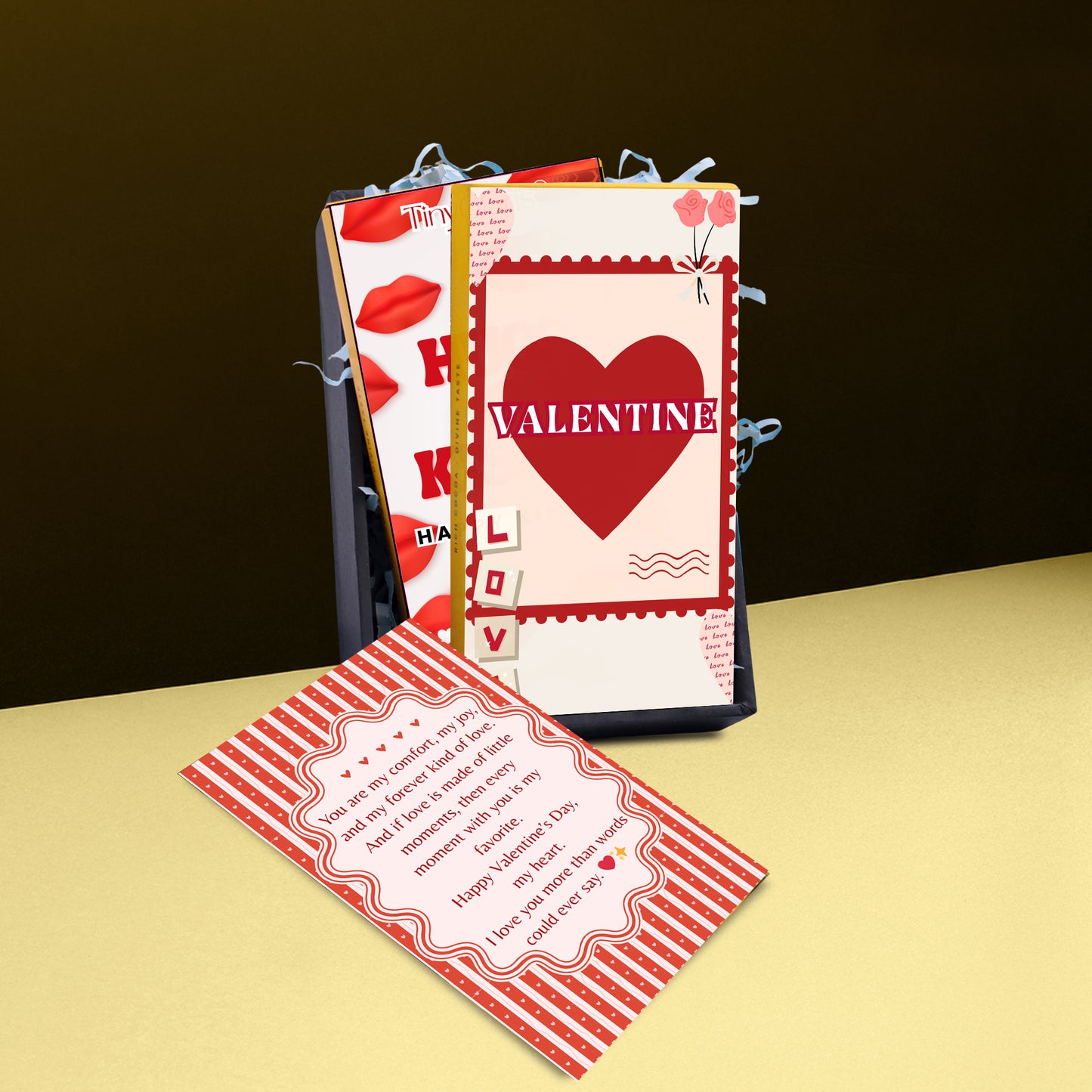 Love chocolate Valentine gift box featuring premium chocolate bar gift packaging