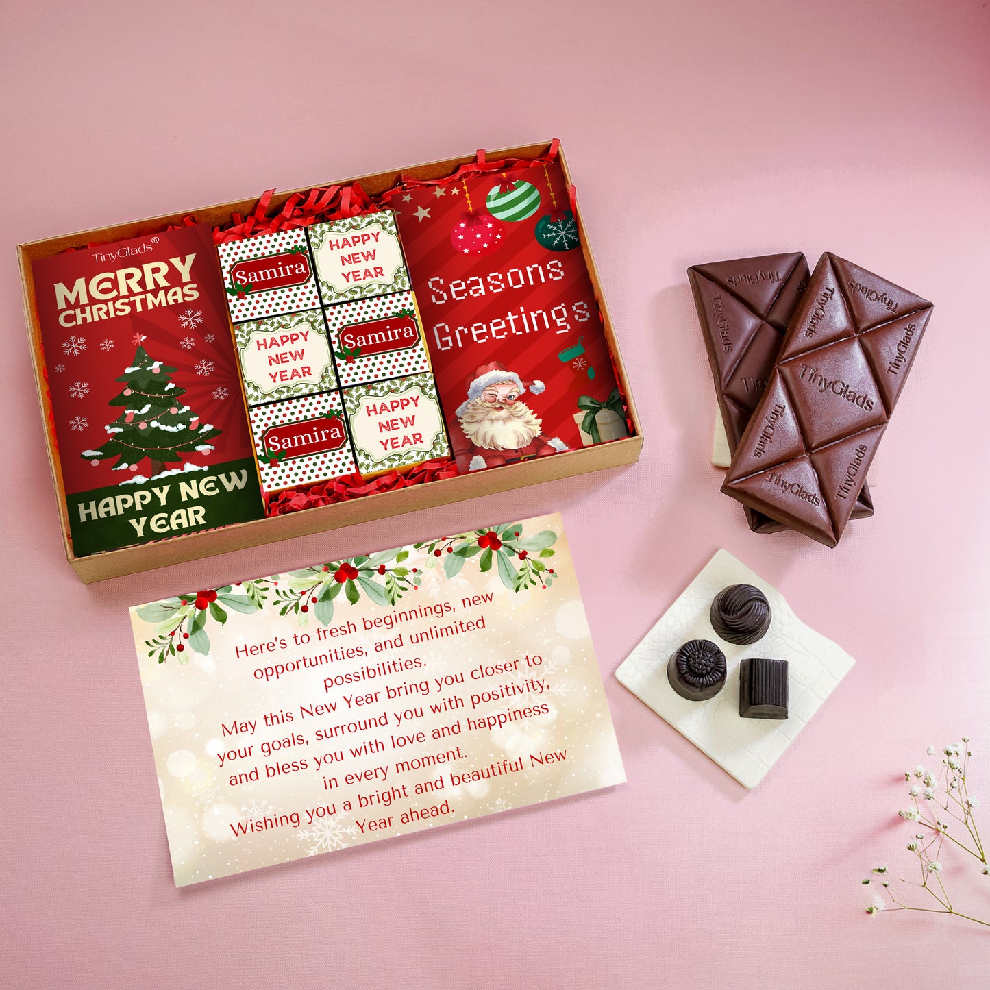 TinyGlads Christmas & New Year Chocolate Gift Box | Custom Box | 2 Bars & 6 Truffles