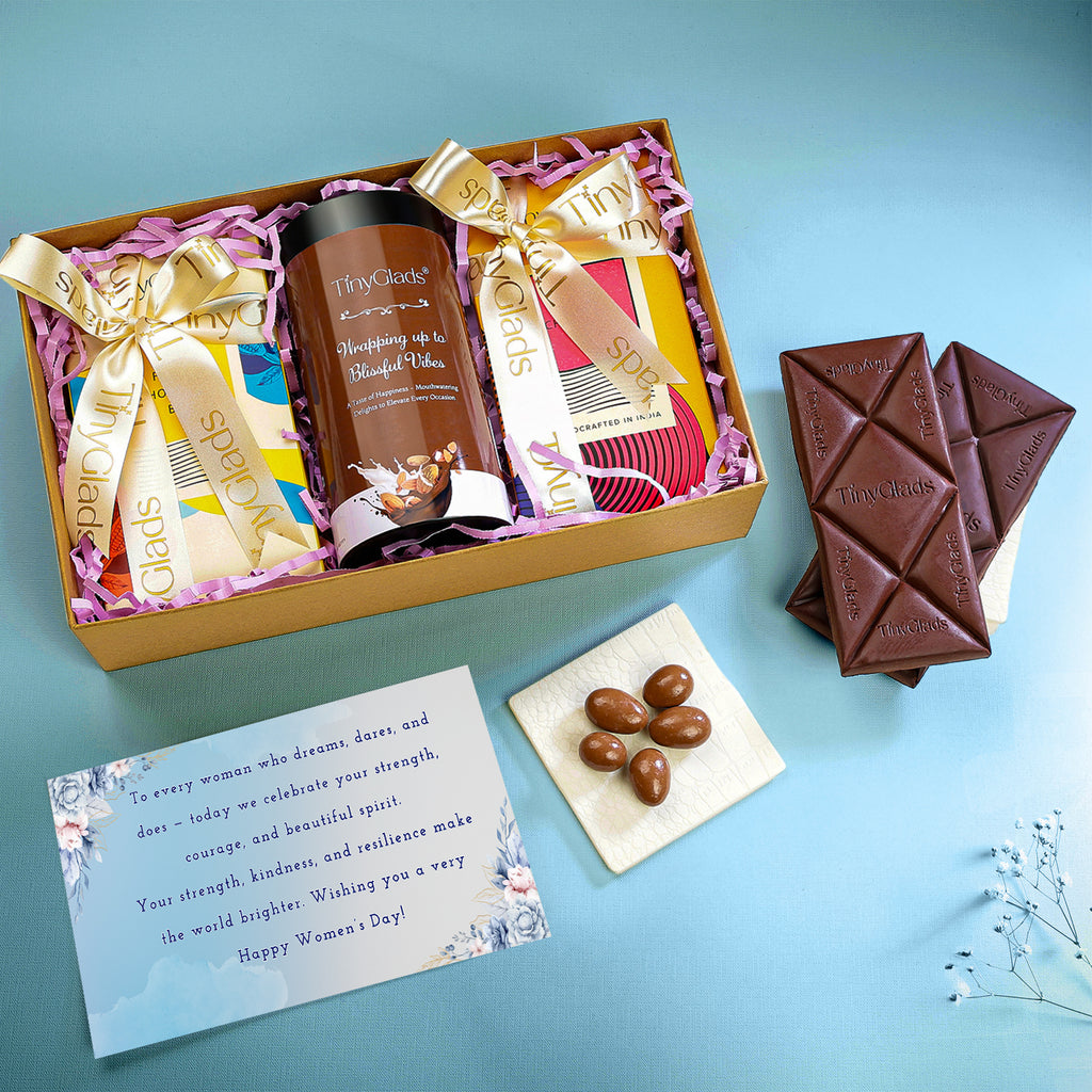 TinyGlads Women's Day Premium Chocolate Gift Box | 2 Chocolate Bars & 1 Gourmet Jar
