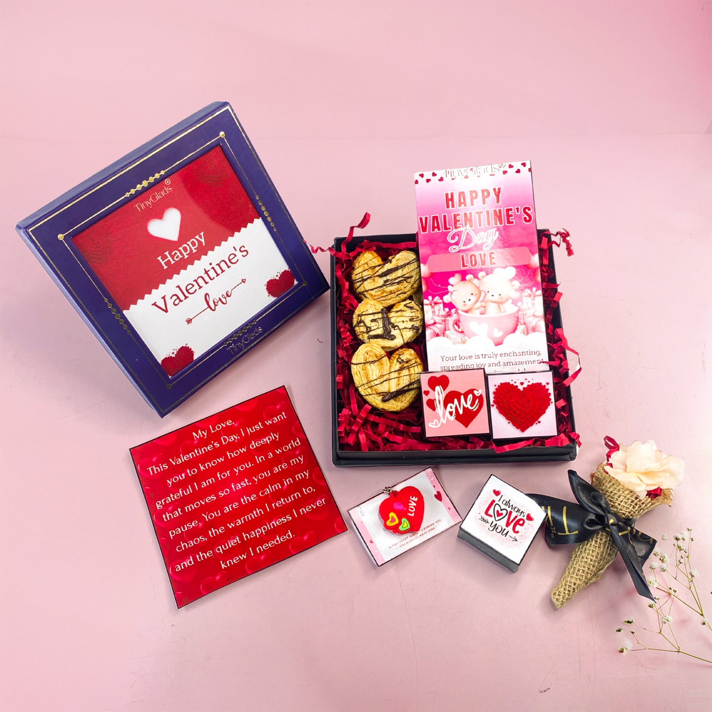 Romantic chocolate gift hamper with chocolate bar, truffles, cookies and jute flower bouquet