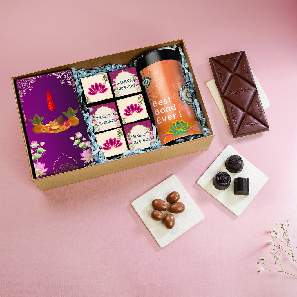 TinyGlads Bhai Dooj Chocolate Gift Hamper for Brother & Sister | Chocolate Bar, Chocolate Jar & 6 Assorted Truffles