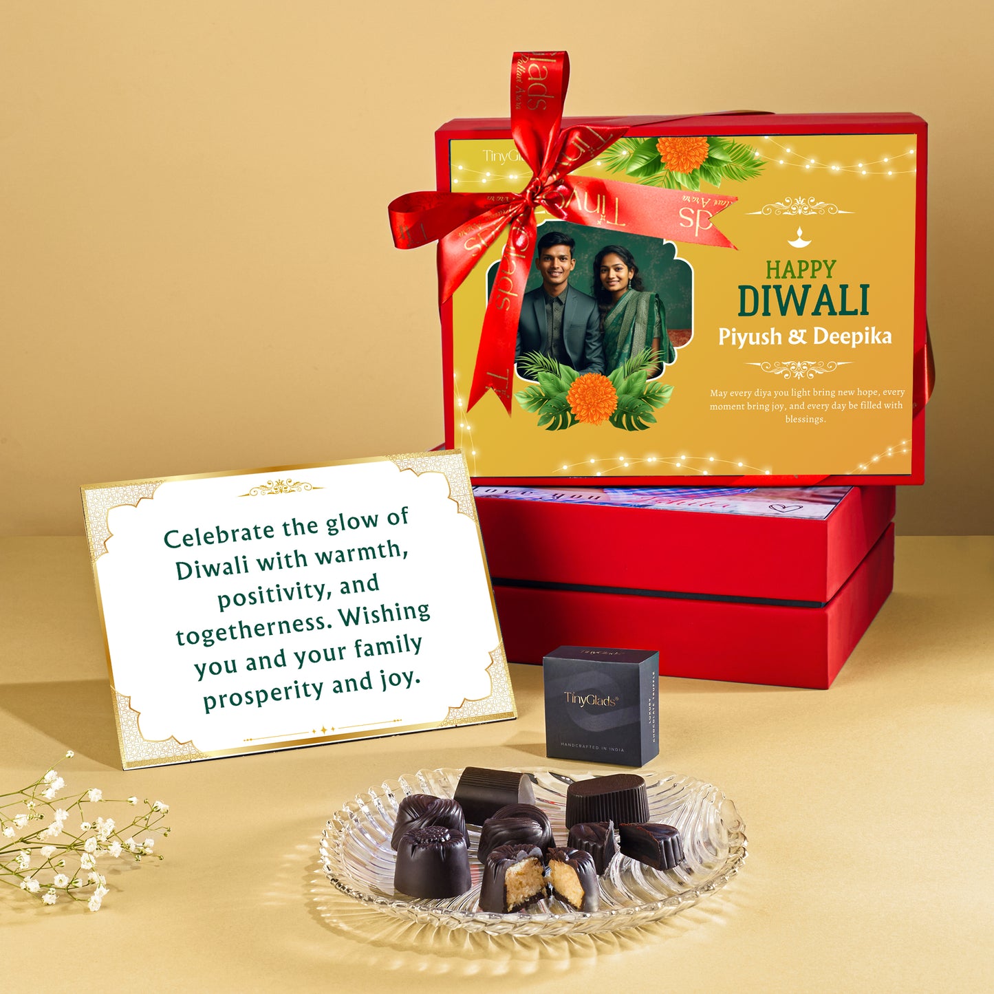 Red Luxury Diwali Photo Chocolate Box – 12 Premium Chocolate Truffles