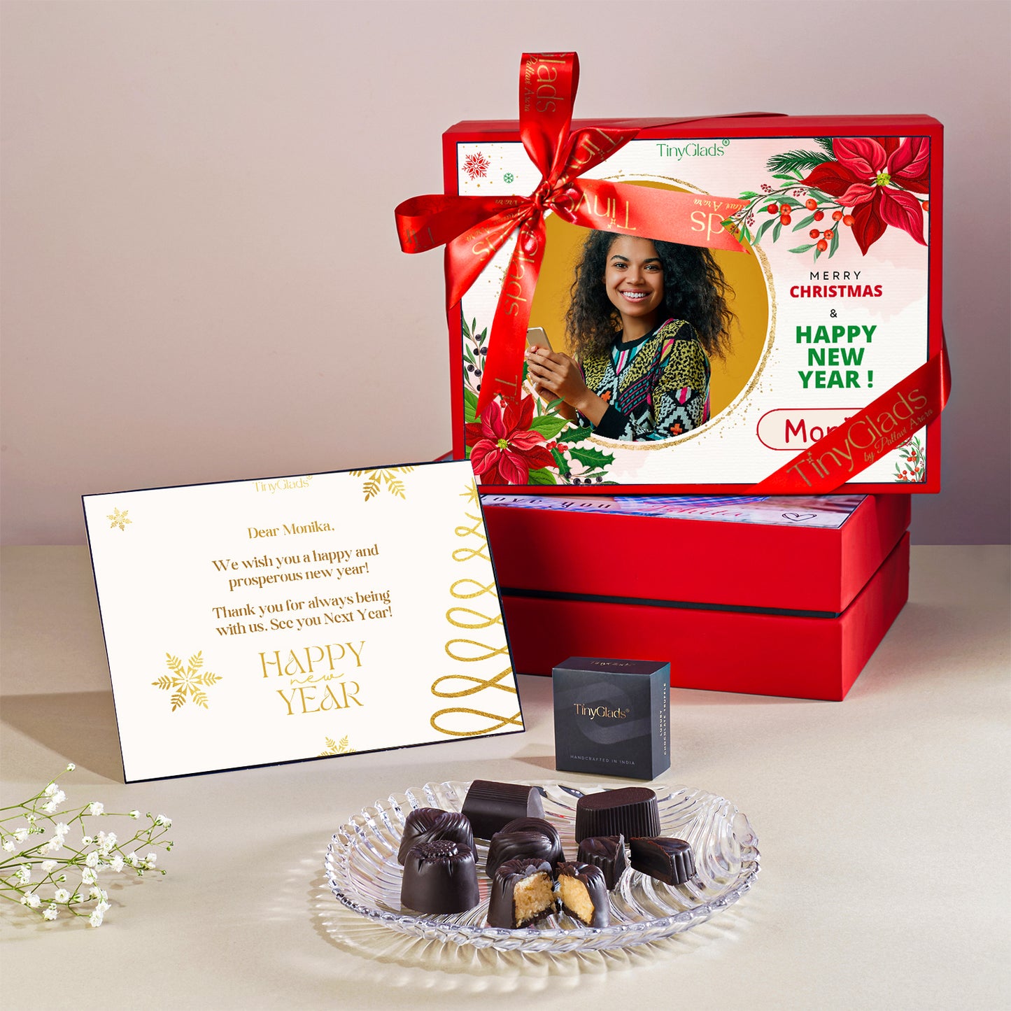 TinyGlads Personalized Red Christmas & New Year Chocolate Gift Box | 12 Gourmet Truffles
