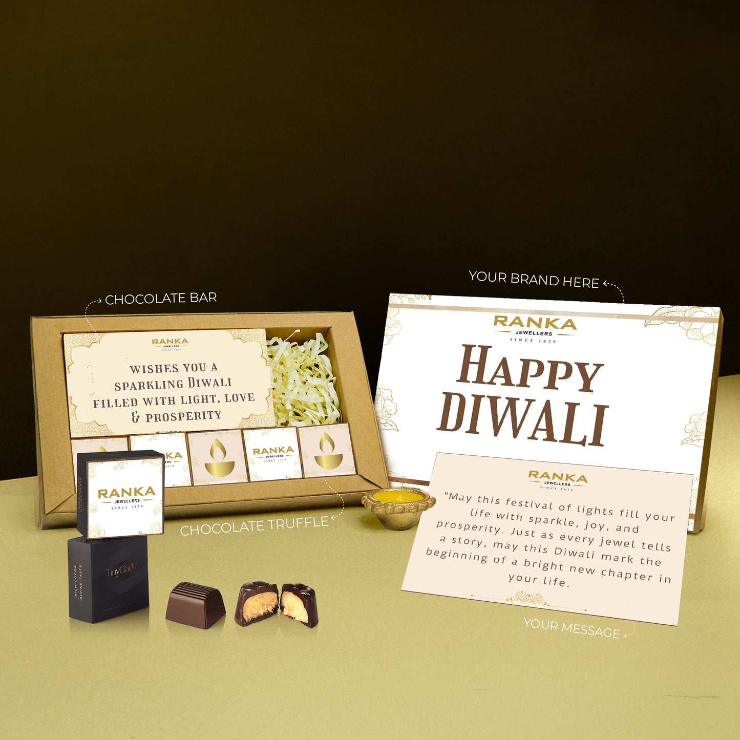 Khadi Organic Diwali Gift Box – Chocolate Bar, 5 Truffles & Diya