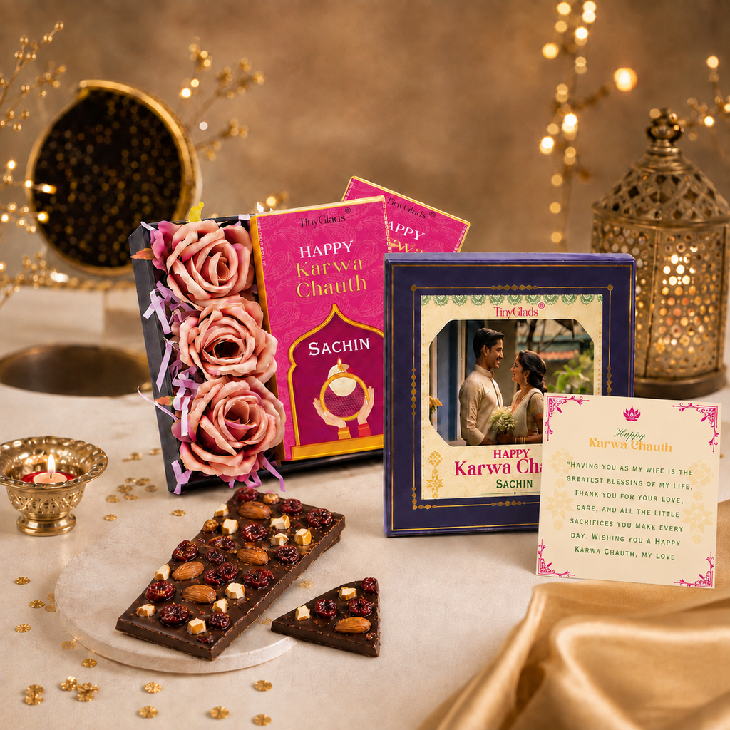 Custom Photo Karwa Chauth Gift Box with 2 Chocolate Bars | 450 grams