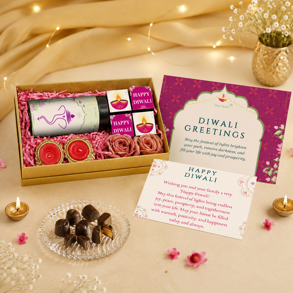 Luxury Diwali Gift Box | Chocolate Jar, 4 Truffles, 2 Diyas & Roses