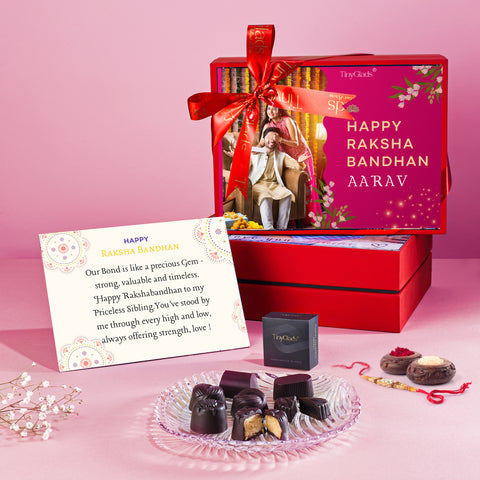 Red Elegance Rakhi Box – Personalized Chocolate & Rakhi Gift Set