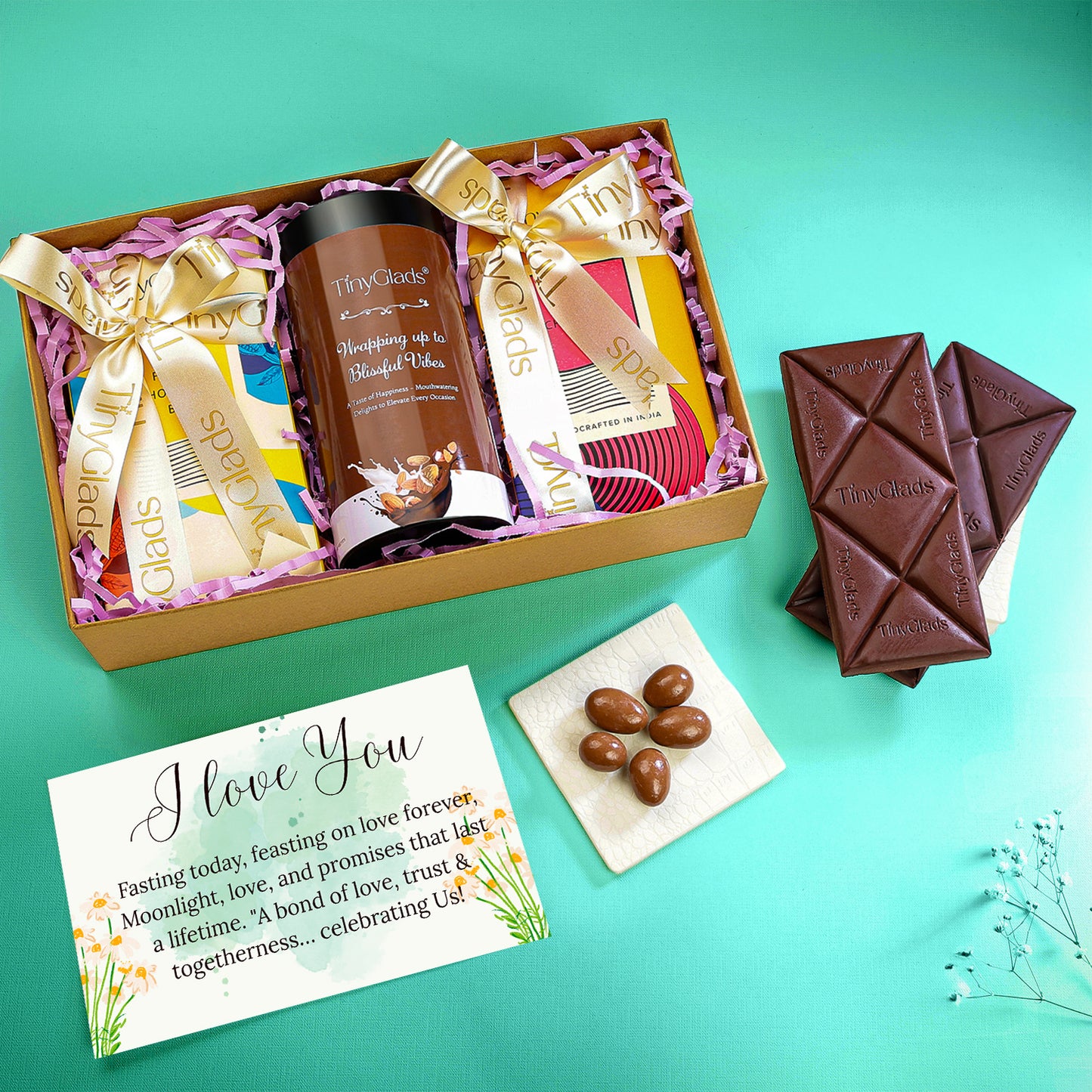 Custom Photo Karwa Chauth Gift Box with 2 Chocolate Bars & 1 Gourmet Jar