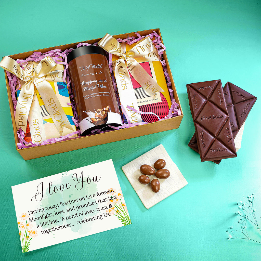 Custom Photo Karwa Chauth Gift Box with 2 Chocolate Bars & 1 Gourmet Jar