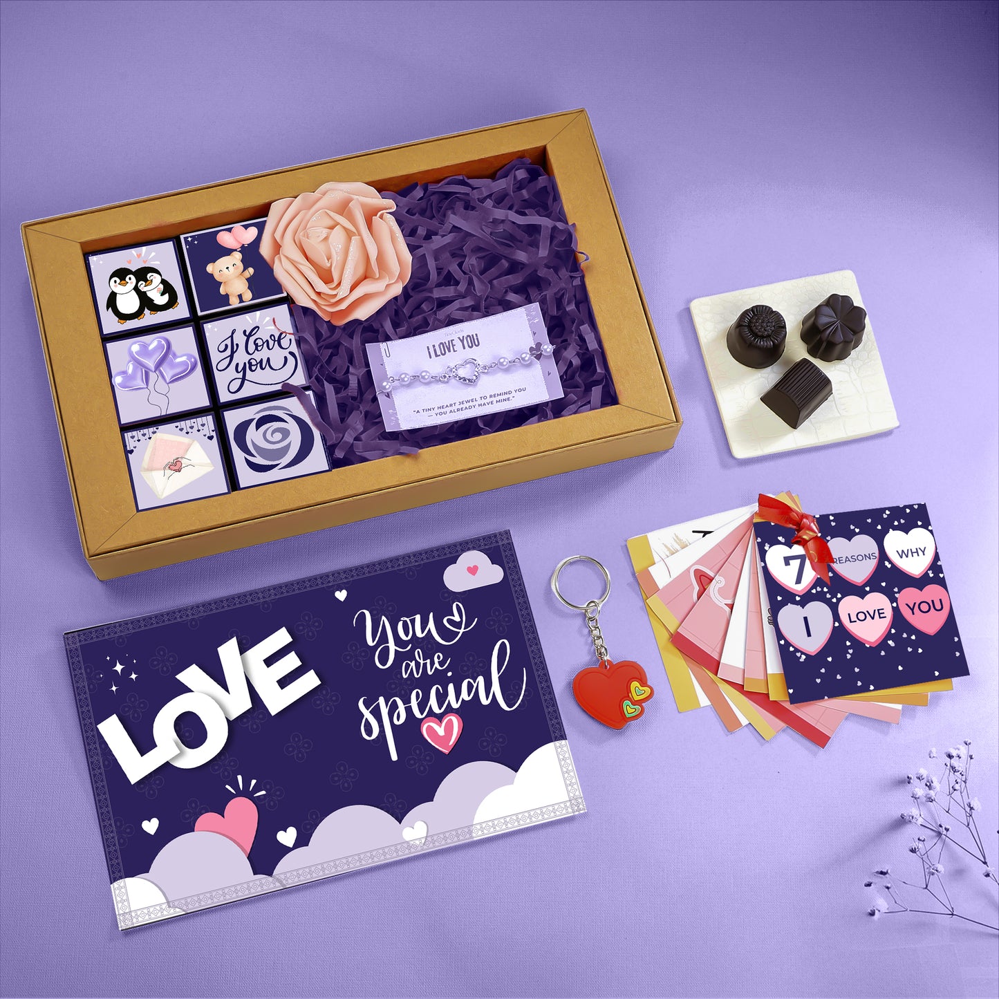 Romantic Love Gift Hamper with Rose, Chocolates & Keepsakes