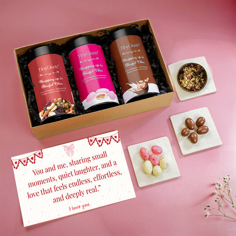 Romantic Valentine chocolate hamper featuring 3 gourmet chocolate jars