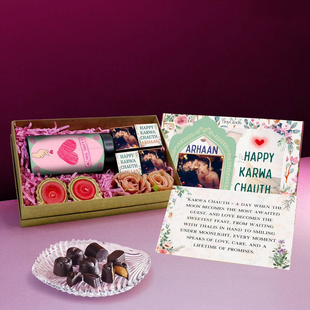 Unique Photo Karwa Chauth Gift Box with 1 Gourmet Jar, 4 Handcrafted Truffles & 2 Decorative Diyas