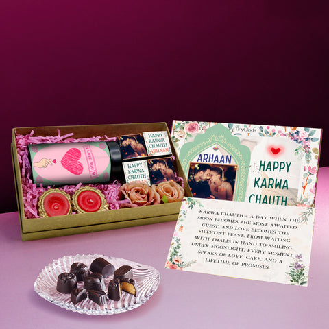 Unique Photo Karwa Chauth Gift Box with 1 Gourmet Jar, 4 Handcrafted Truffles & 2 Decorative Diyas