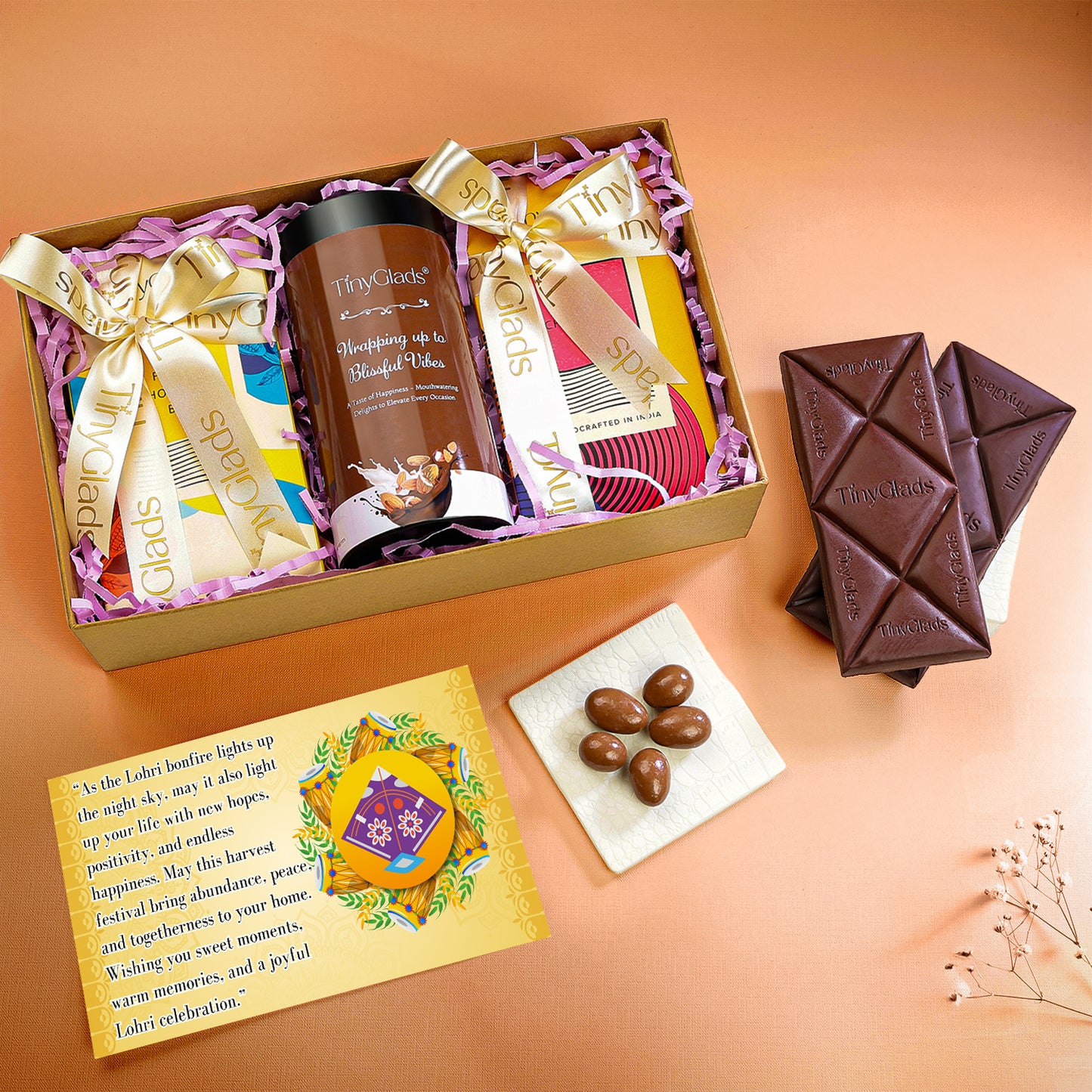 TinyGlads Signature Lohri Chocolate Hamper | 2 Chocolate Bars & Gourmet Jar