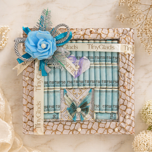 TinyGlads Luxury Money Tray | Blue Floral Shagun Gift