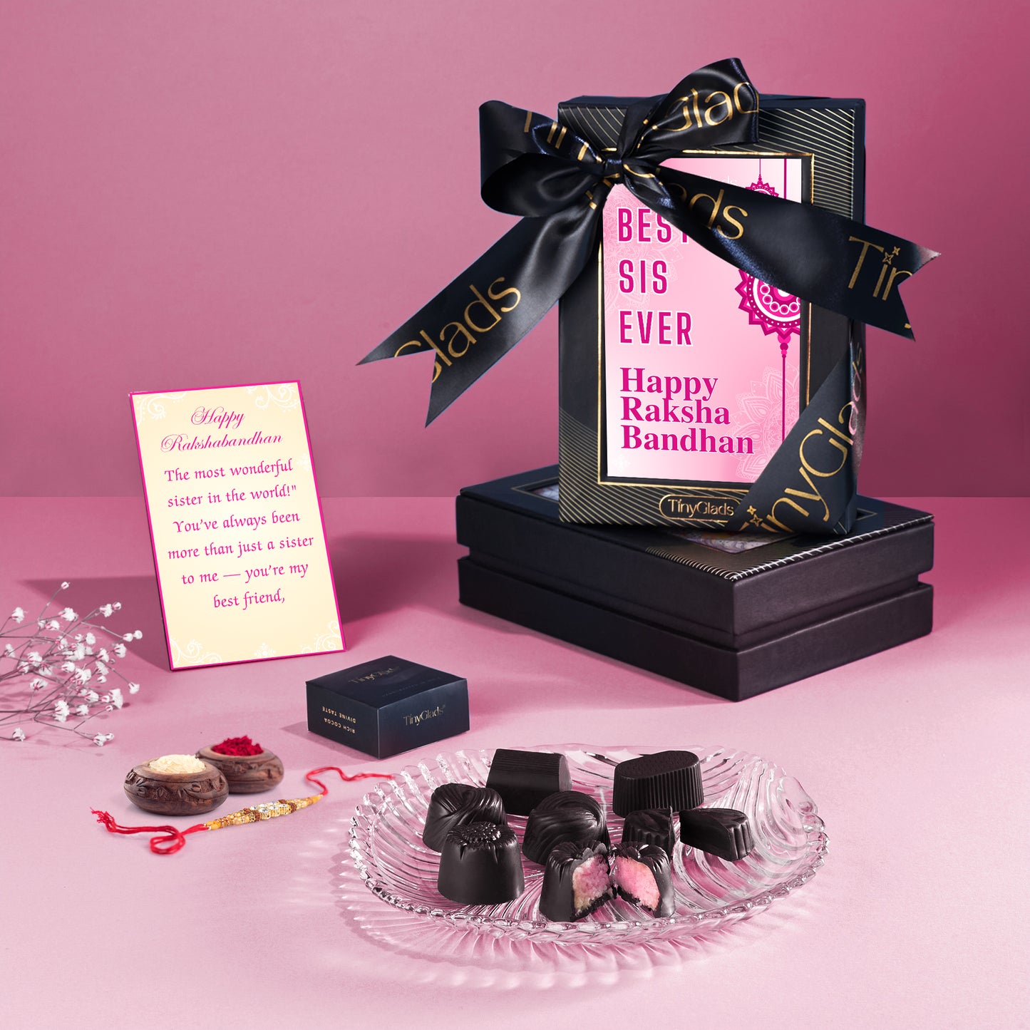 TinyGlads Pink Edition Rakhi Chocolate Box | 6 Gourmet Truffles
