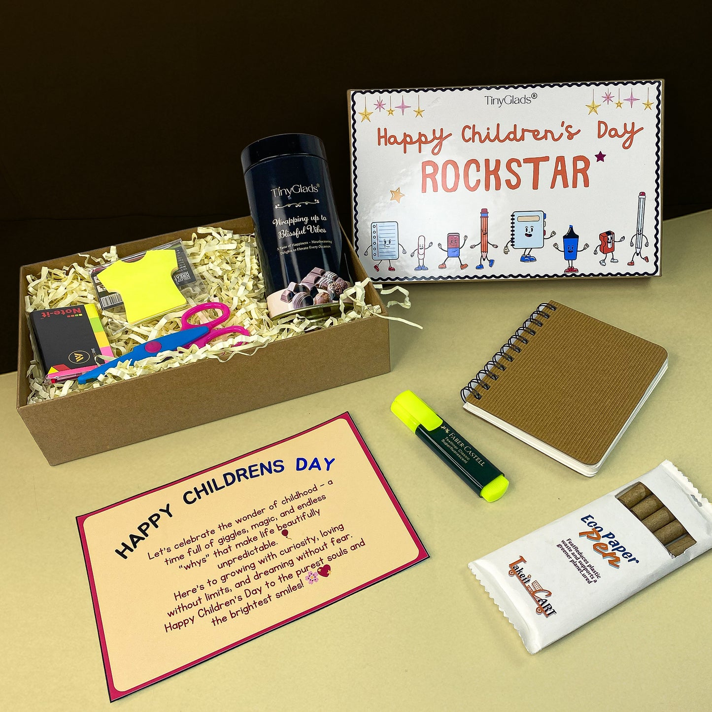 TinyGlads Children's Day Activity & Chocolate Hamper | Stationery Kit, Gourmet Chocolate Jar & Message Card