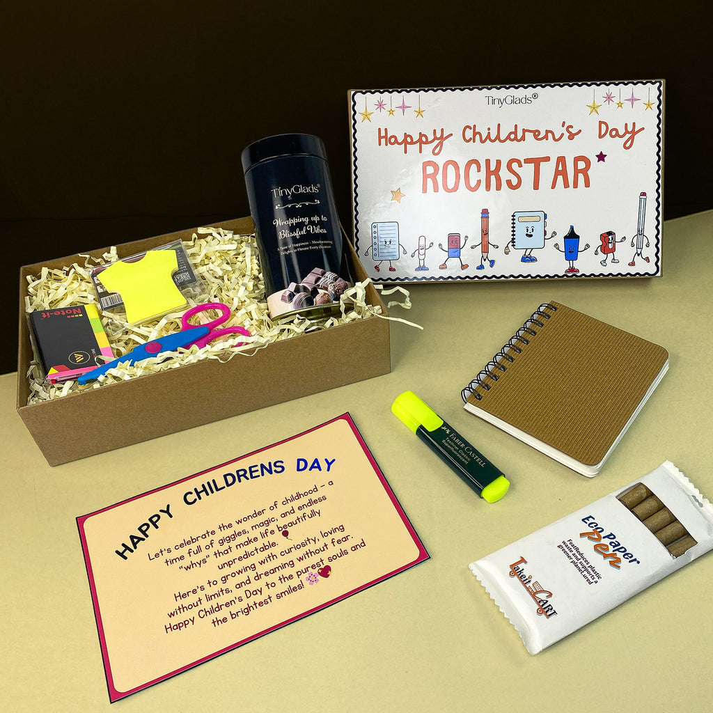 TinyGlads Children's Day Activity & Chocolate Hamper | Stationery Kit, Gourmet Chocolate Jar & Message Card