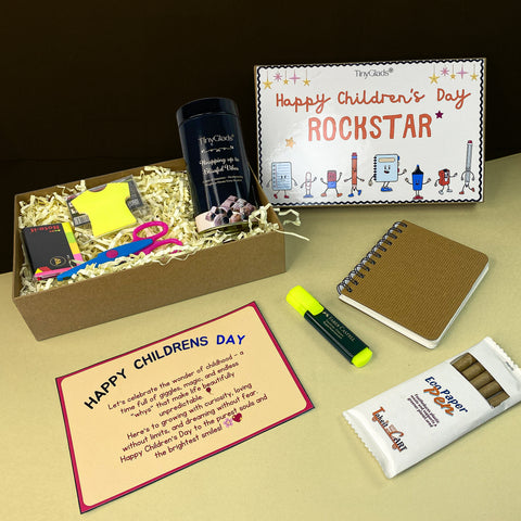 TinyGlads Children's Day Activity & Chocolate Hamper | Stationery Kit, Gourmet Chocolate Jar & Message Card