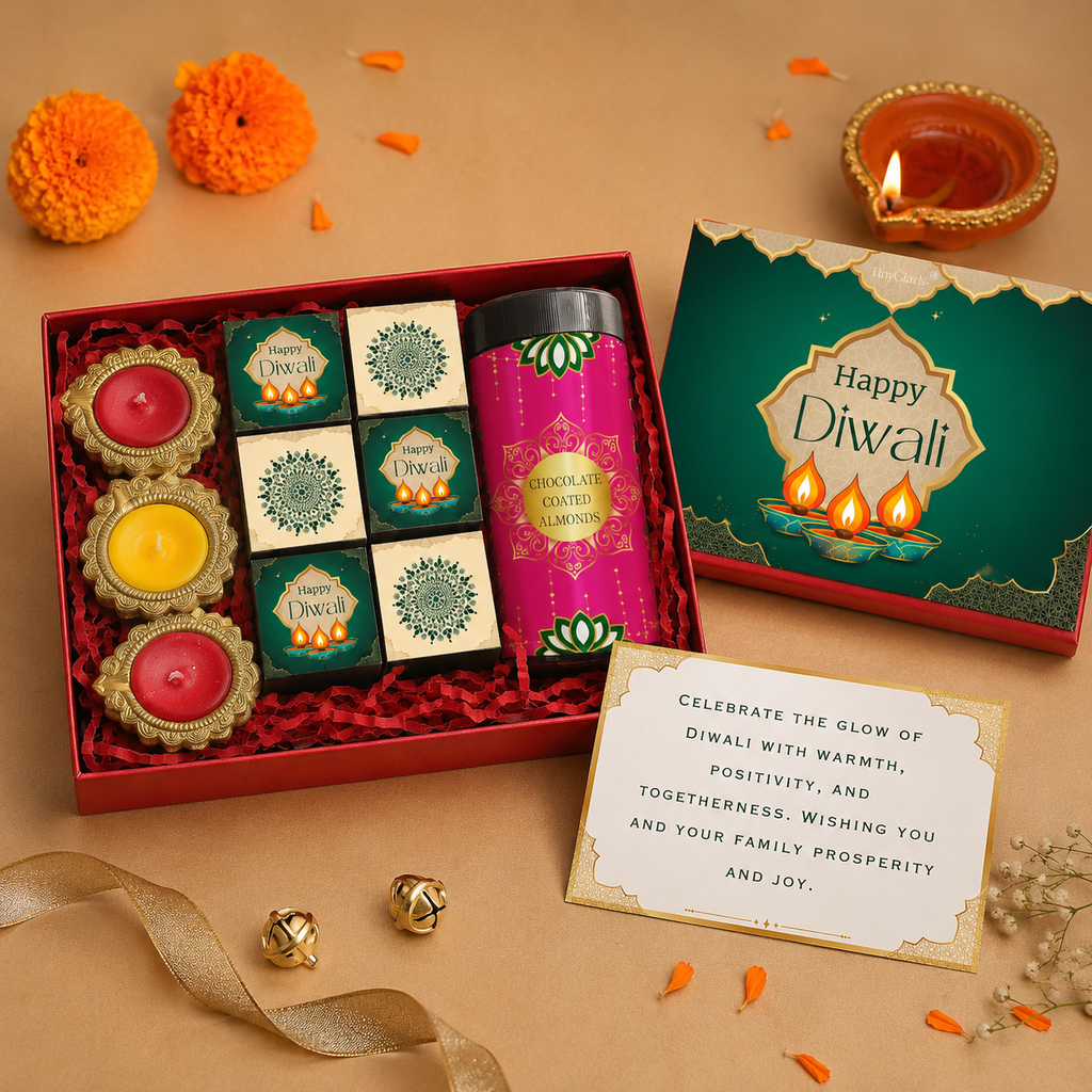 Premium Diwali Gift Box – Chocolate Jar, 6 Truffles & 3 Diyas