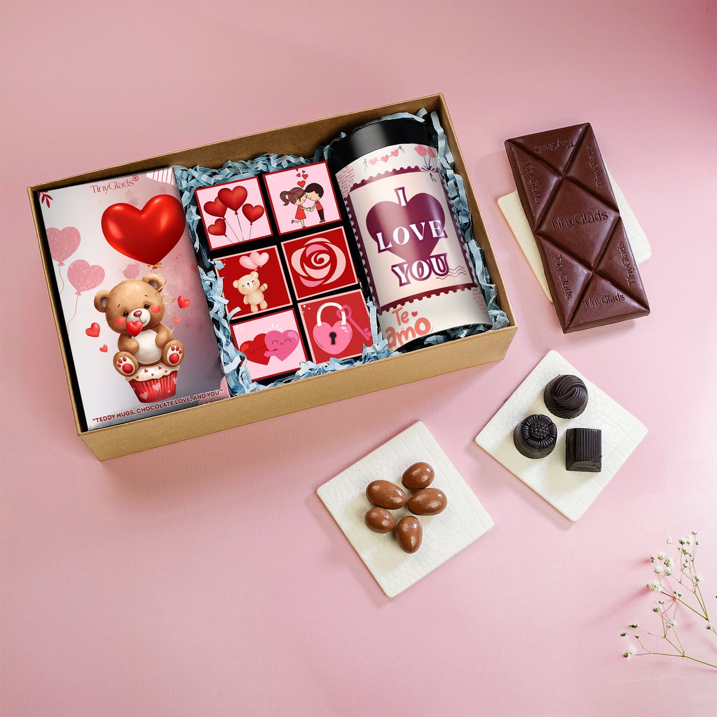 Romantic Valentine Chocolate Gift Box with 6 Truffles, Chocolate Jar & Bar