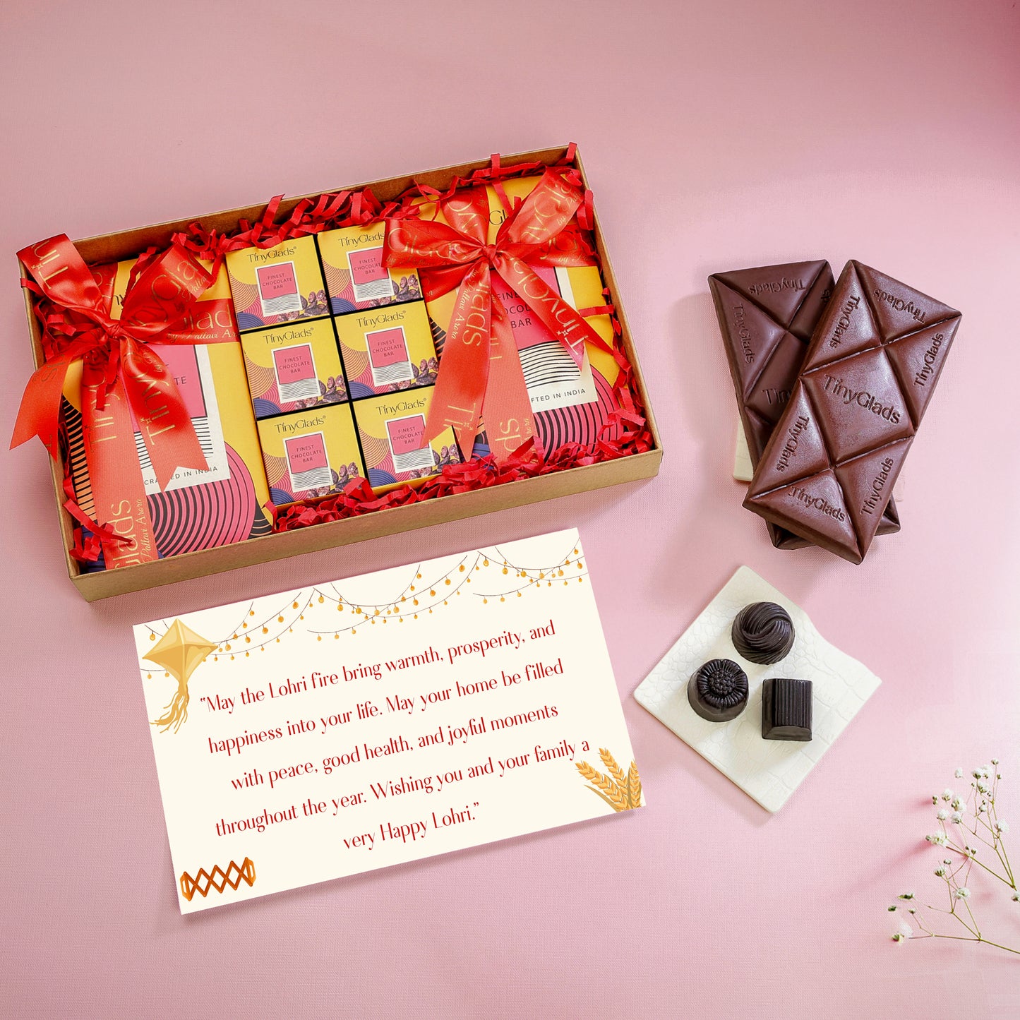 TinyGlads Lohri Celebration Chocolate Gift Box | 6 Assorted Truffles & 2 Chocolate Bars