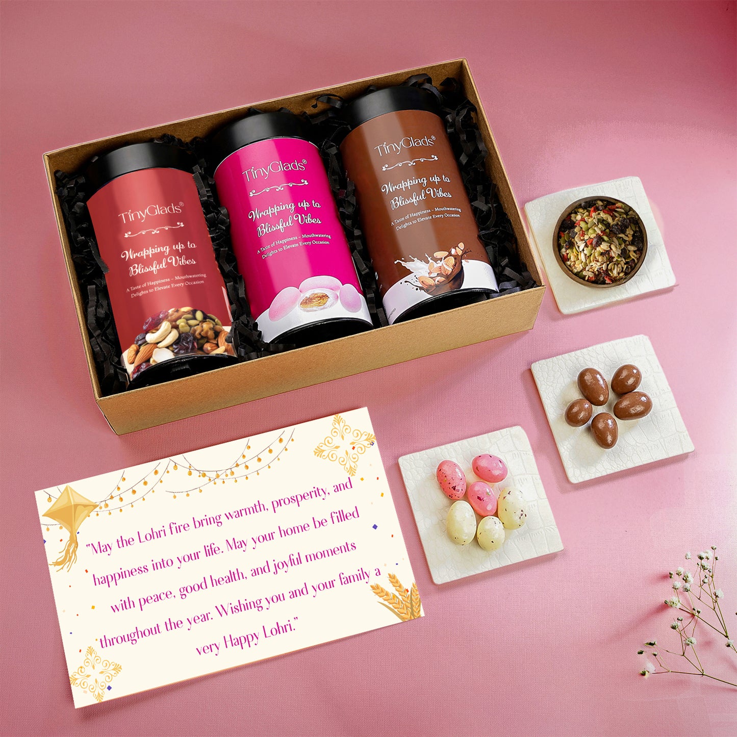 TinyGlads Festive Lohri Chocolate Jar Gift Box | 3 Gourmet Chocolate Jars