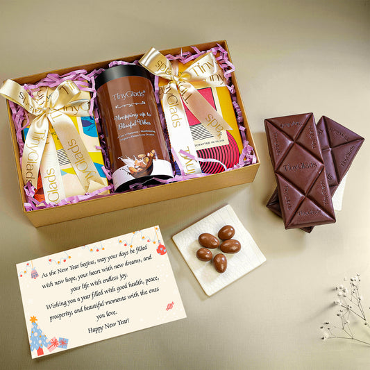 TinyGlads Happy New Year Khadi Chocolate Gift Box | 2 Bars & 1 Jar