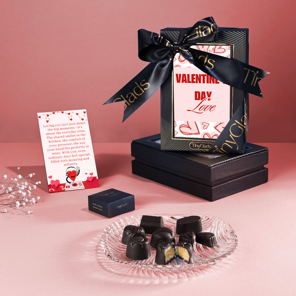 Romantic Valentine chocolate hamper featuring handcrafted 6-piece truffle collection