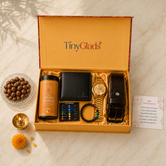 TinyGlads Rakhi Gift Hamper | Watch, Wallet, Belt, Chocolate Jar & 7 Chakra Bracelet