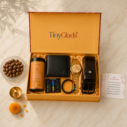 TinyGlads Rakhi Gift Hamper | Watch, Wallet, Belt, Chocolate Jar & 7 Chakra Bracelet