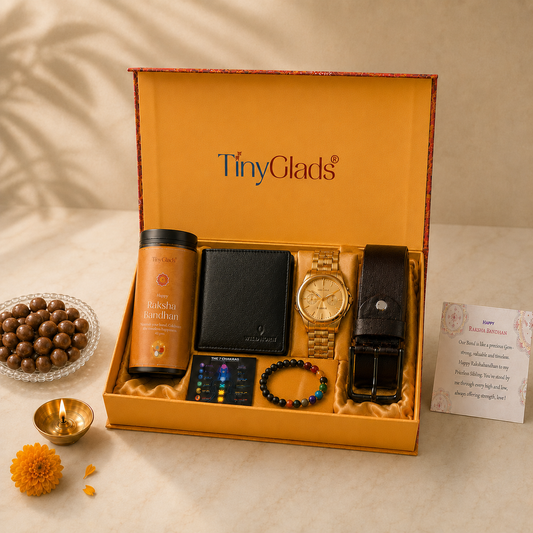TinyGlads Rakhi Gift Hamper | Watch, Wallet, Belt, Chocolate Jar & 7 Chakra Bracelet