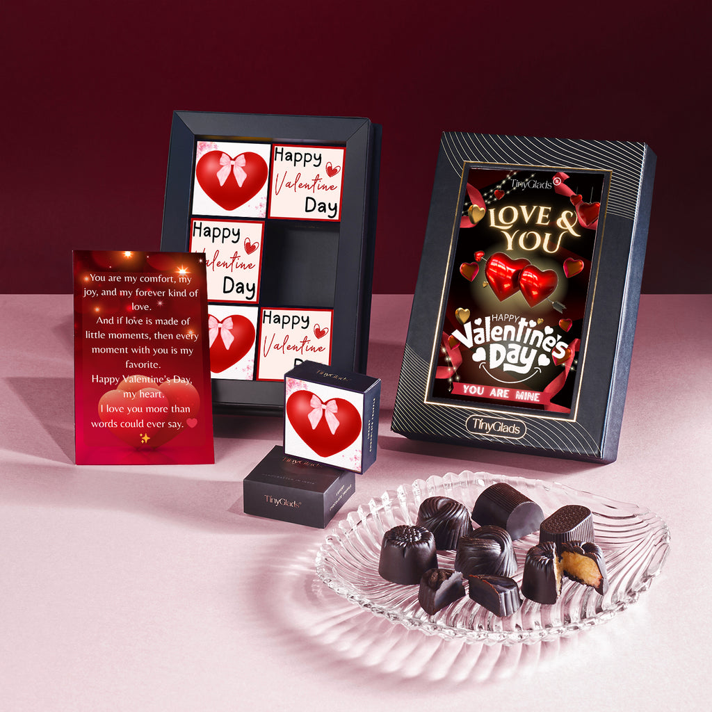 Romantic love chocolate box featuring assorted handcrafted truffles for Valentine’s Da