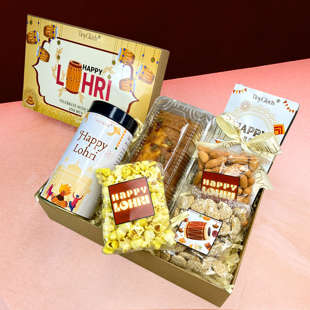 Lohri Gourmet Gift Box | Chocolate Bar , Chocolate Jar , Dry Cake, Milky Rabri, Crunchy Peanuts & Salted Popcorn