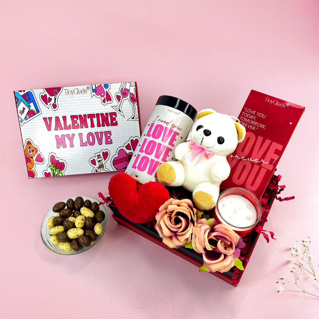 Romantic Valentine gift box with chocolates, soft toy and scented candle – Valentine chocolate gift hamper by TinyGlads