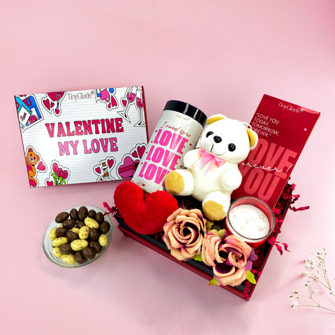 Romantic Valentine gift box with chocolates, soft toy and scented candle – Valentine chocolate gift hamper by TinyGlads