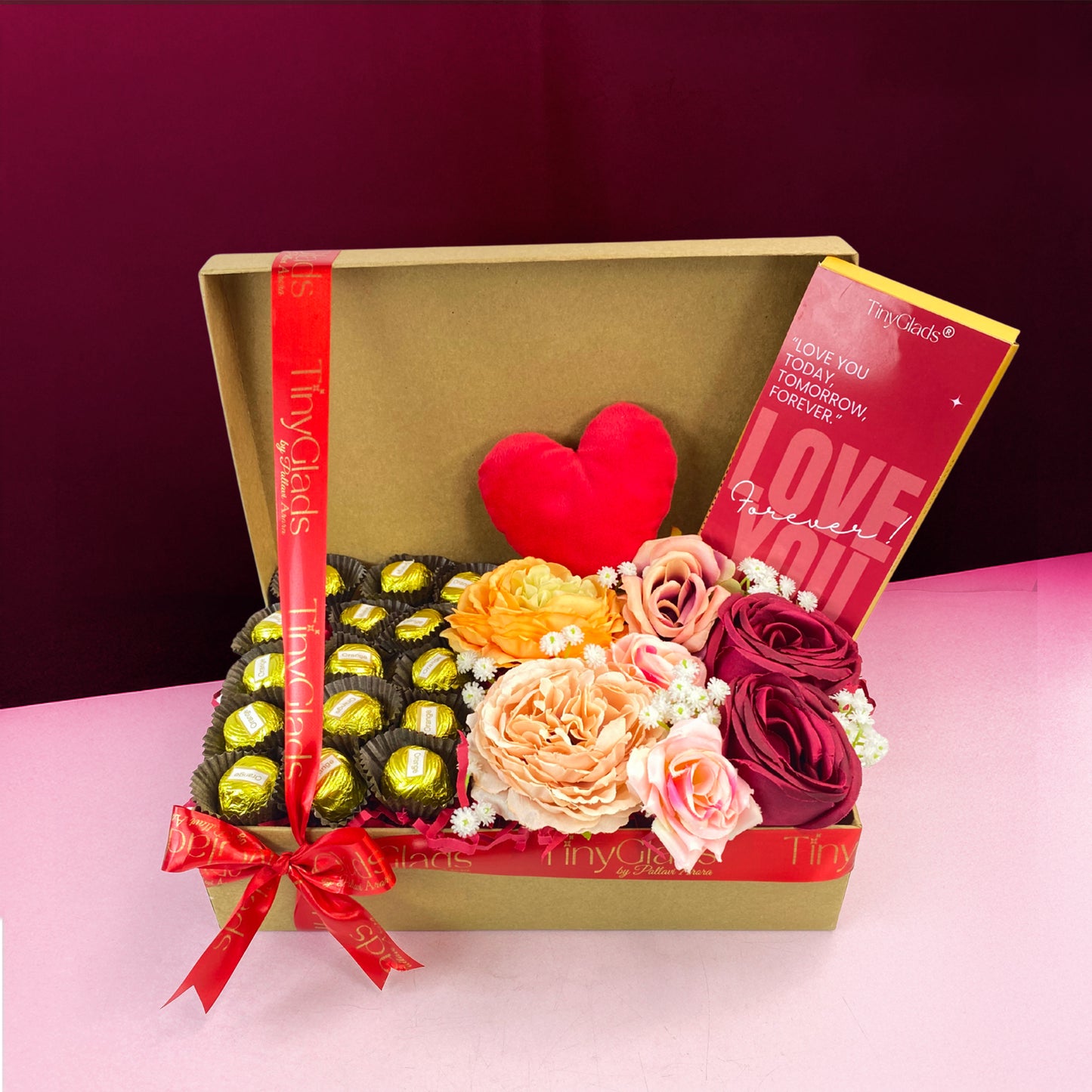 Romantic chocolate truffle box with flowers and message card – Valentine chocolate gift hamper by TinyGlads